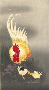 Fowl Painting - rooster and chicks Ohara Koson fowl